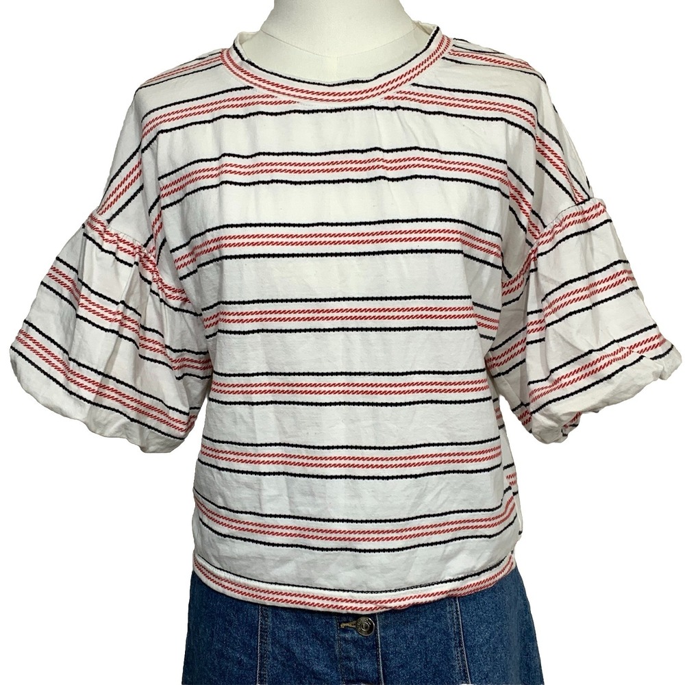 Code Mode Top Womens OS White Red Black Striped Puff Tiered Sleeve‎ Crew Neck